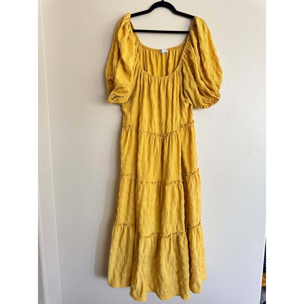Emory Park Mustard Yellow Puff Sleeve Tiered Maxi Dress L Boho Cottagecore